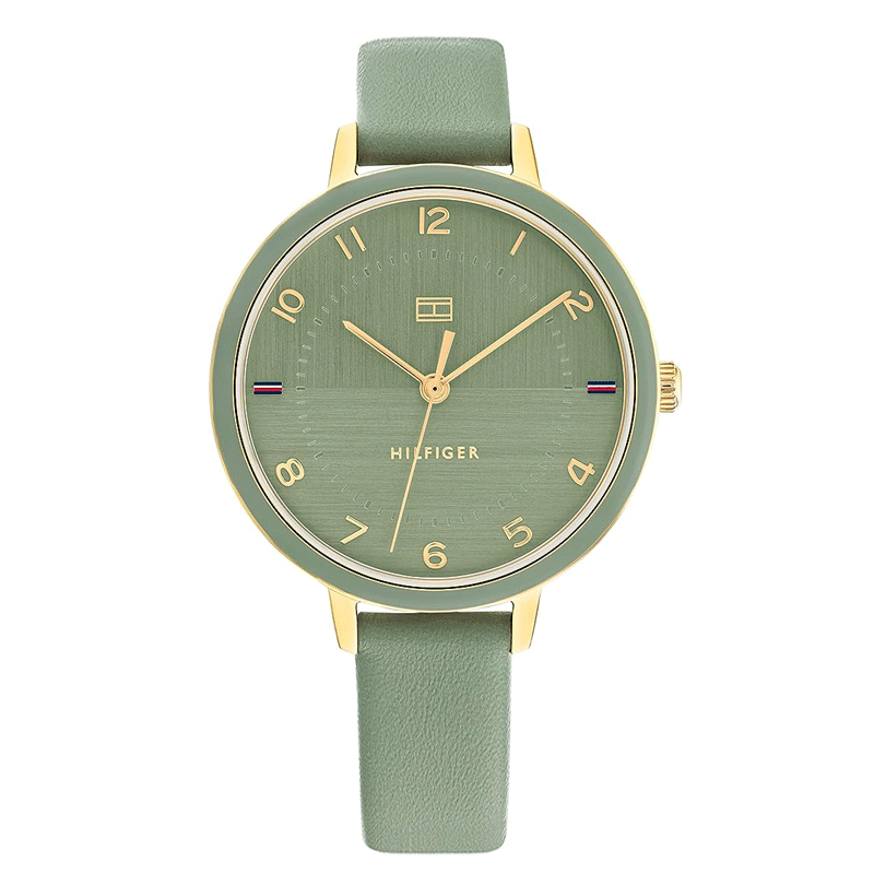 שעון יד לאישה מבית  TOMMY HILFIGER ירוק מוזהב עם רצועת עור ירוק